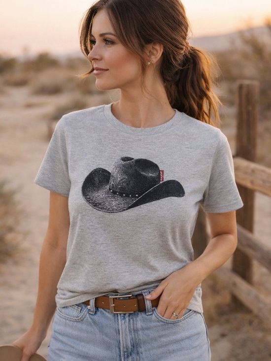 Levi's Tops - Levi’s Rhinestone Cowboy Hat Graphic Tee Gray Short Sleeve Size L NWT